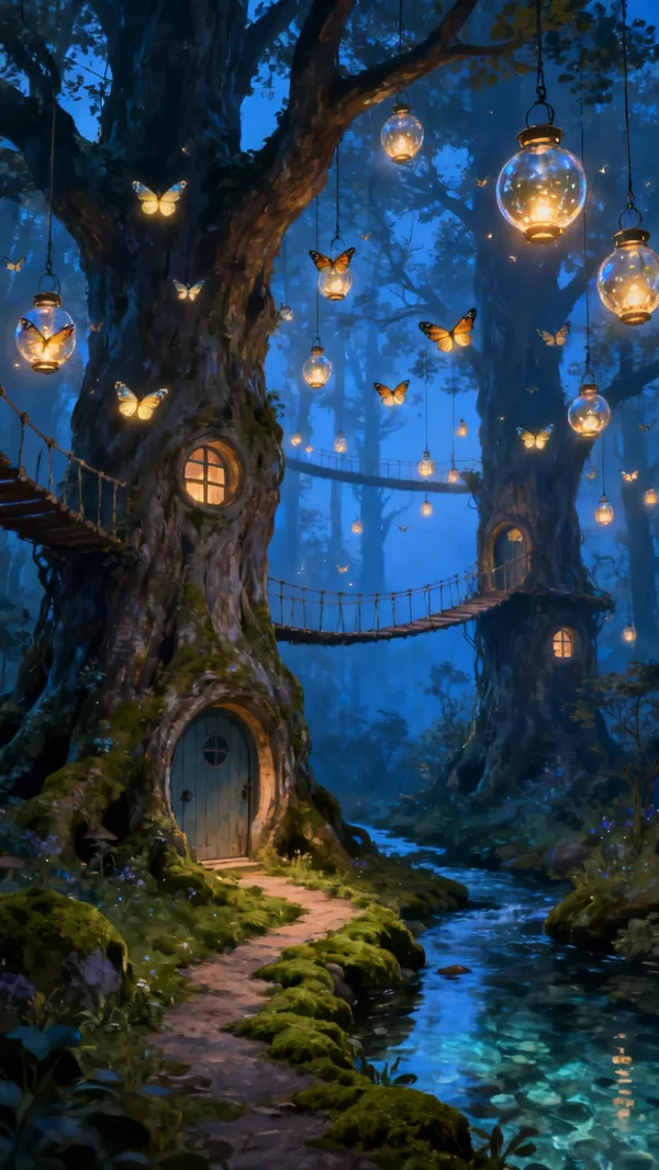 Giant trees with doors and windows carved into them, linked by walkways and lit by hanging lanterns in a forest at dusk.