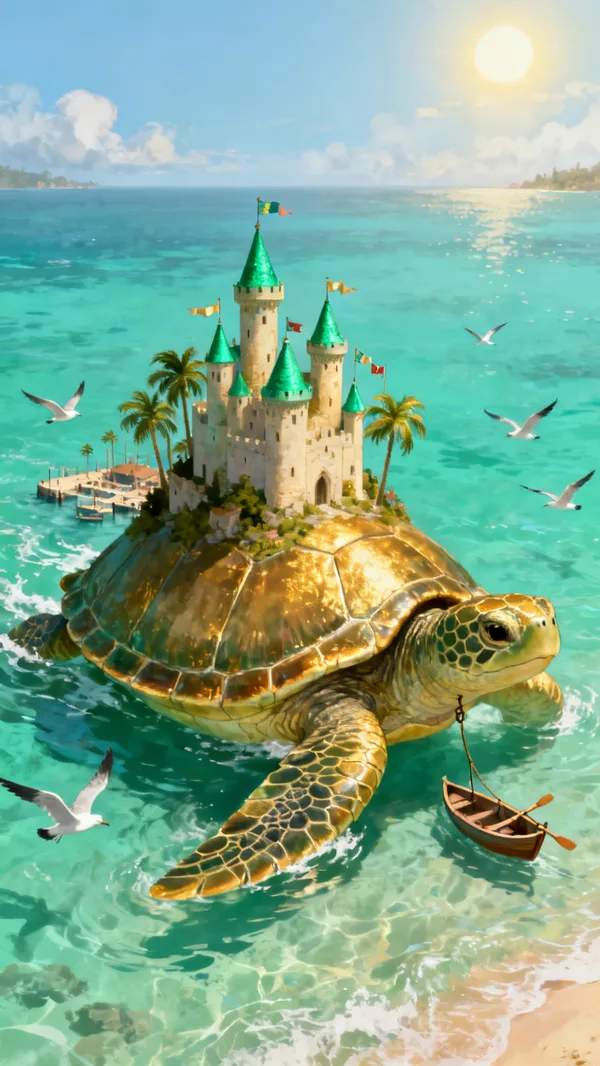 A castle with sea-green towers on the back of a giant turtle wading through a turquoise sea, with palm trees and flags.