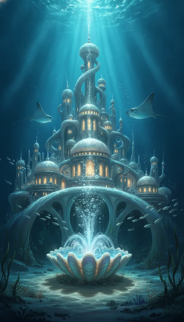 An underwater city with pearl domes and coral towers, with silver fish and manta rays gliding past in turquoise light.