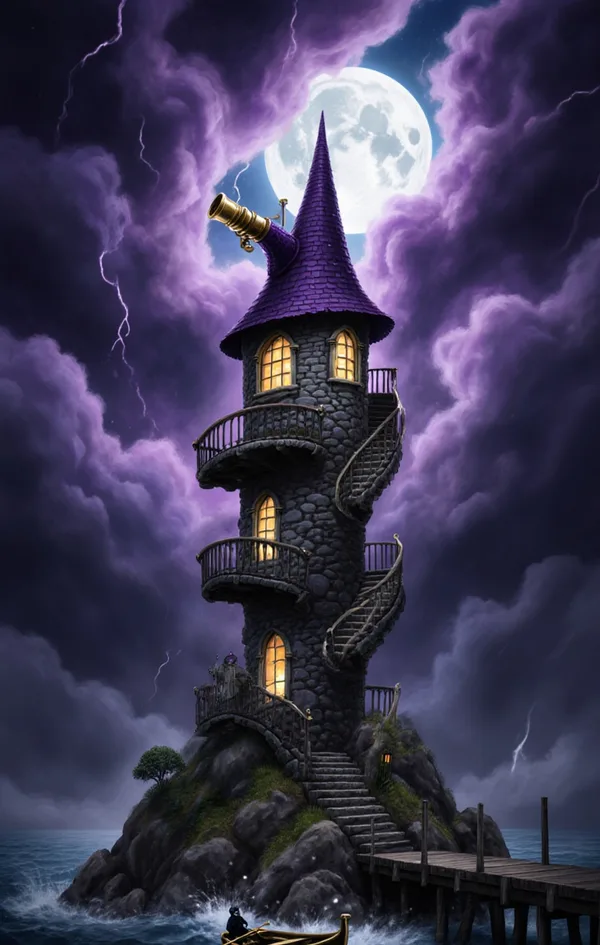 A crooked wizard's tower with glowing windows on a rocky island in a stormy sea, lit by a beam of moonlight.