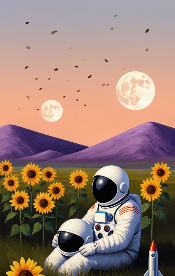 An astronaut sitting in a field of giant sunflowers on an alien planet with two pale moons rising over violet hills.