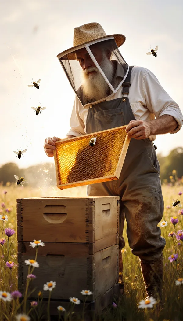 An older beekeeper with a white beard lifting a honeycomb frame from a hive in a meadow of wildflowers, painted in soft golden light.