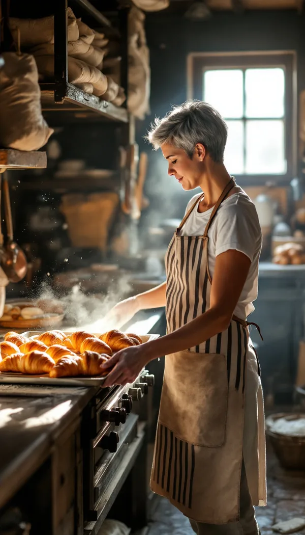 A baker with a short grey crop pulling a tray of croissants from a stone oven in a small bakery at dawn.