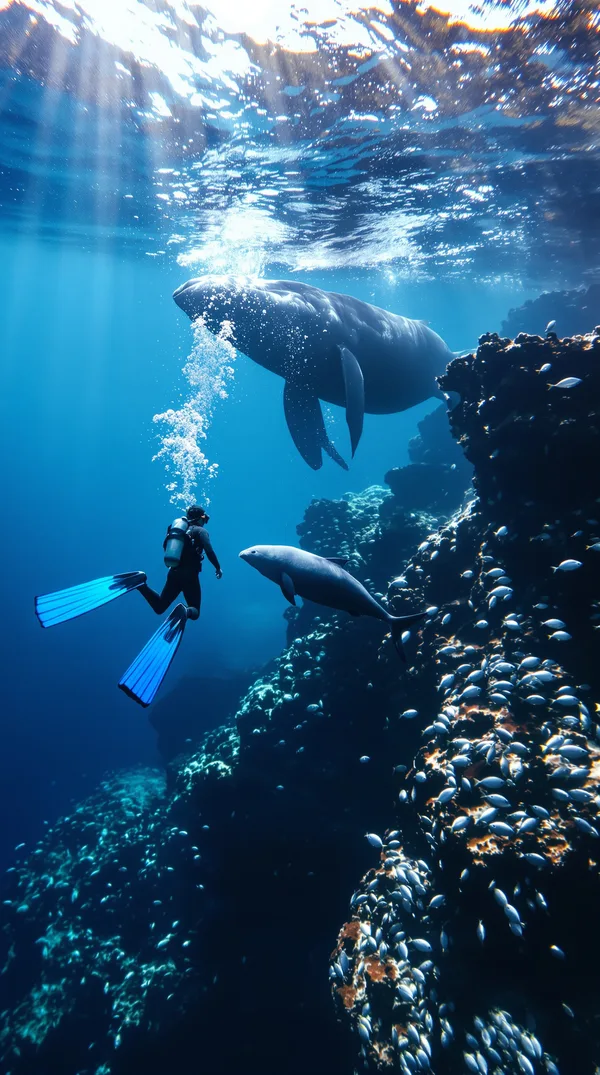 A free diver in a black wetsuit swimming beside a humpback whale and her calf in clear blue water with sun rays above.