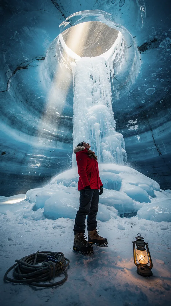 A hiker in a red parka inside a glowing blue glacier cave, looking up at a frozen waterfall with a shaft of sunlight above.