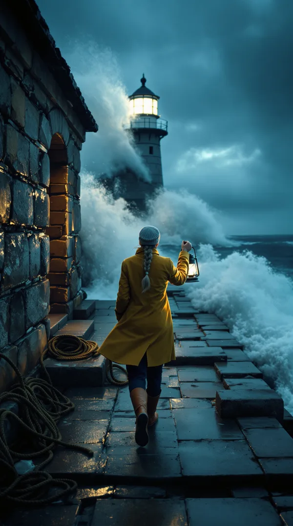 An older lighthouse keeper in a yellow oilskin coat carrying a lantern along a jetty as huge waves crash against the lighthouse.