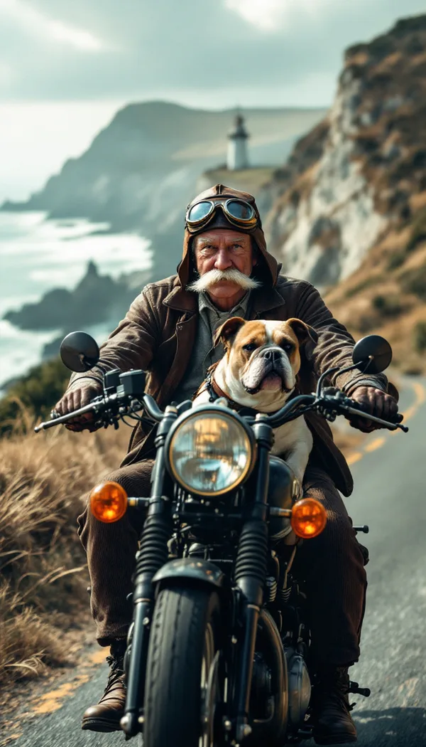 An older man with a handlebar mustache riding a vintage motorcycle along the coast with a bulldog in goggles in the sidecar.