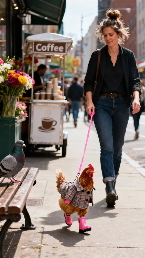 A woman walking a chicken in a tweed coat and rain boots on a pink leash down a city sidewalk.