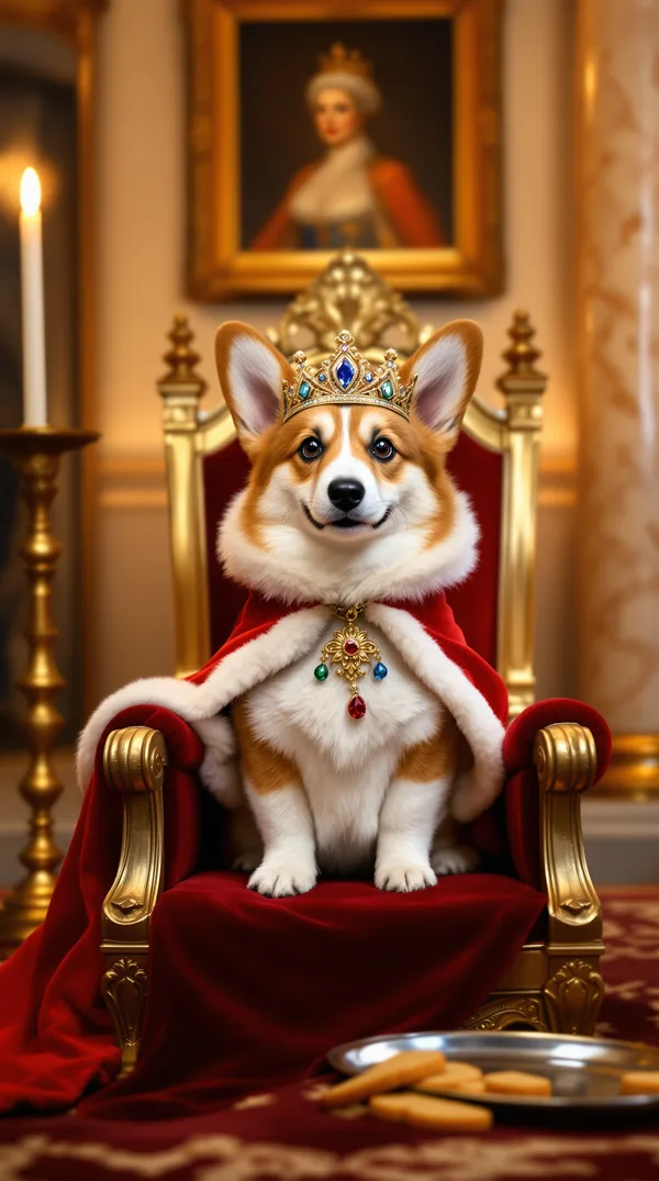 A corgi wearing a jeweled crown and red cape sitting on a velvet throne in a candlelit palace hall.