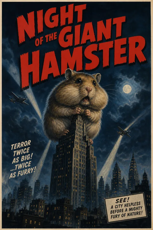 A painted monster movie poster of a giant hamster on top of a skyscraper at night, titled Night of the Giant Hamster.