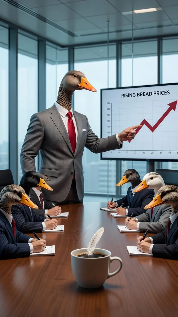 A goose in a suit and tie leading a board meeting, pointing at a chart while ducks in suits take notes.