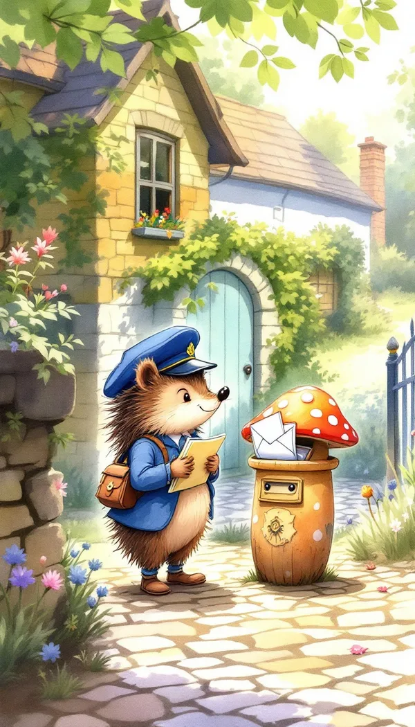 A hedgehog in a navy postman's cap delivering letters to a mushroom mailbox on a cobbled village lane.