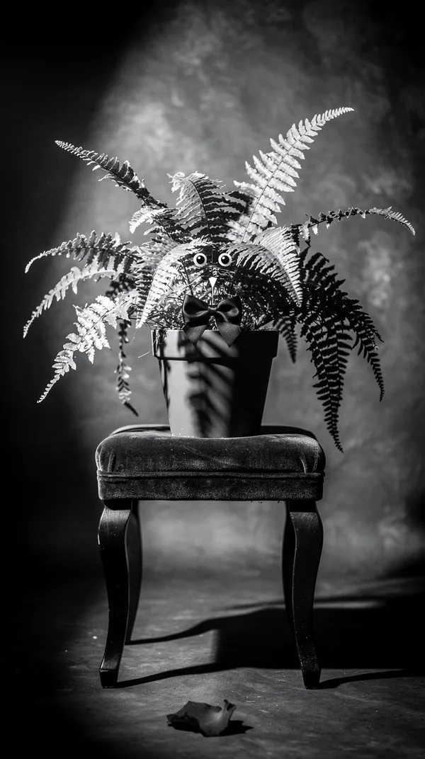 A potted fern wearing a tiny bow tie posed for a dramatic black-and-white studio portrait.