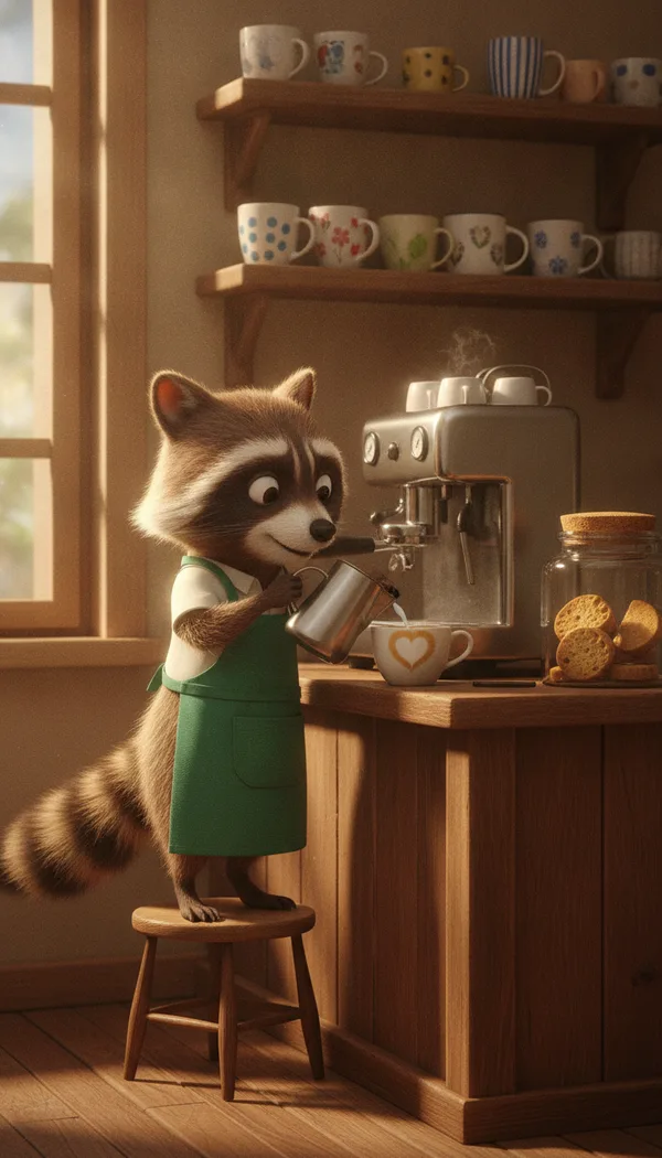 A raccoon in a green apron making latte art behind a café counter with an espresso machine and mugs.