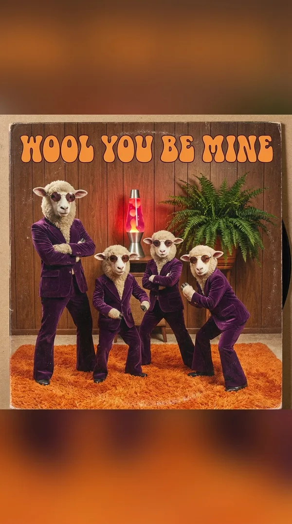 A retro album cover of four sheep in velvet suits and sunglasses posing in a 1970s room, titled Wool You Be Mine.