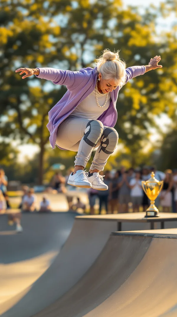 A grandmother with a silver bun and a lavender cardigan landing a kickflip at a skate park as teens cheer.