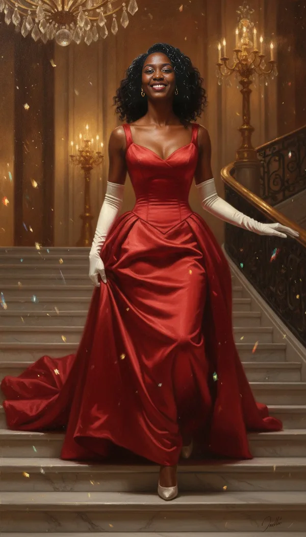 A painted scene of a woman in a red ball gown and white gloves walking down a candlelit marble staircase.