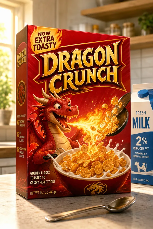 A cereal box called Dragon Crunch with a cartoon dragon toasting flakes into a bowl, on a kitchen counter beside milk.