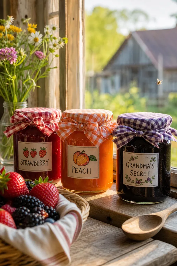 Three jam jars on a farmhouse windowsill with hand-drawn labels for strawberry, peach and grandma's secret.