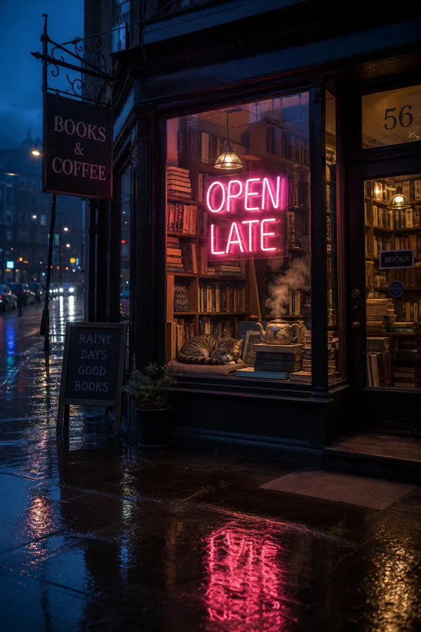 A cozy bookshop window on a rainy night with a pink neon sign reading Open Late above stacks of books and a sleeping cat.
