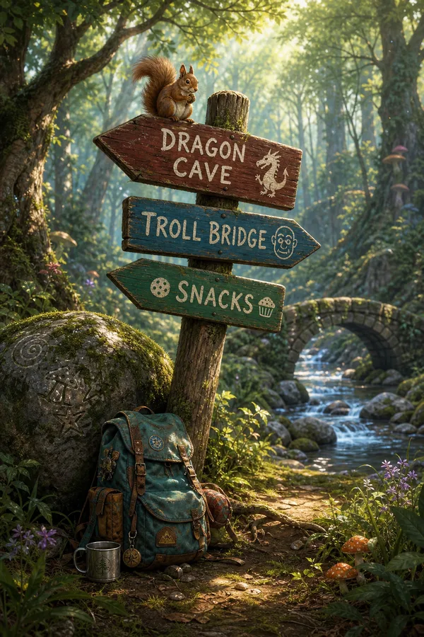 A wooden forest signpost with arrows reading Dragon Cave, Troll Bridge and Snacks, with a squirrel on top.