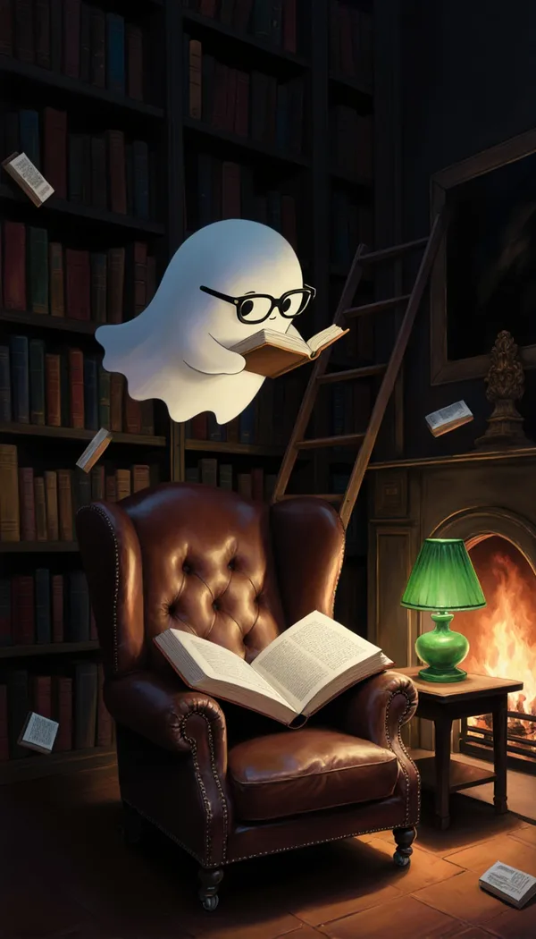 A small round ghost in reading glasses floating above an armchair with a big book, in a library with tall shelves, a rolling ladder and a fireplace.