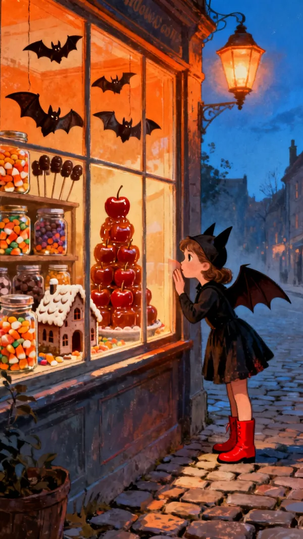 A candy shop window full of candy corn, chocolate bats, caramel apples and a marzipan haunted house, with a girl in a bat costume peering in.