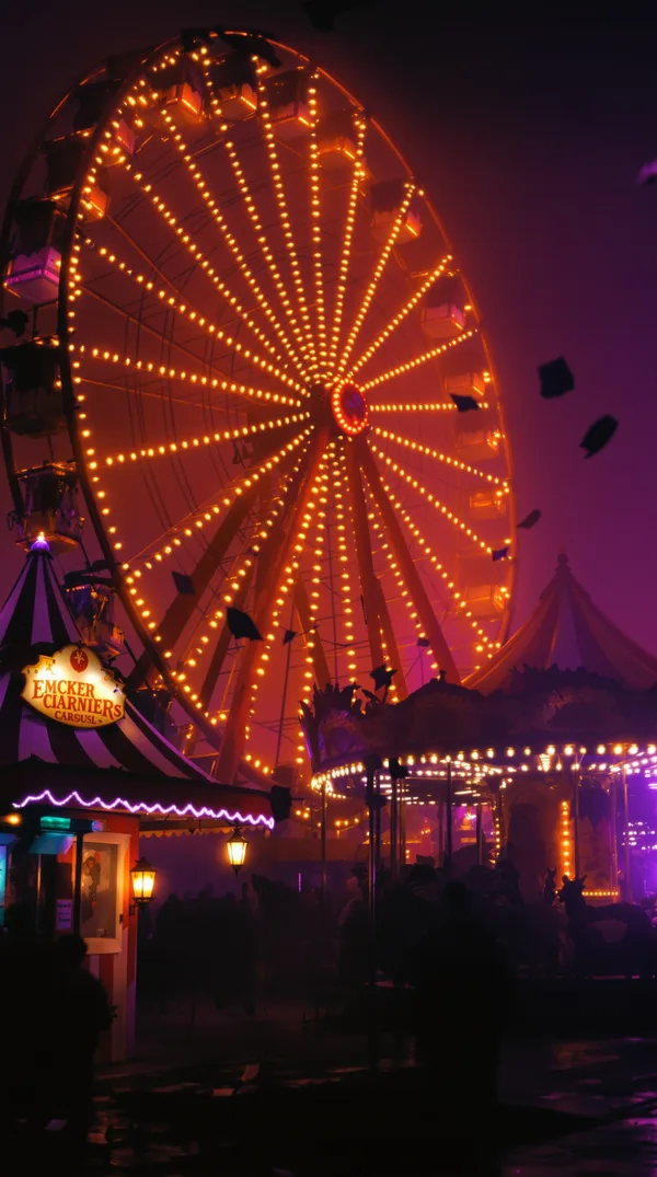 A carnival in violet fog at night, with a Ferris wheel in orange bulbs, a striped tent, a carousel of black horses and tickets blowing past.