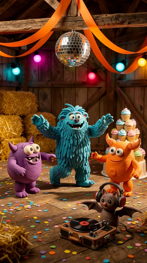 Clay monsters, a blue yeti, a three-eyed purple monster and a stubby orange monster with curled horns, dancing under a disco ball in a barn while a bat plays records.