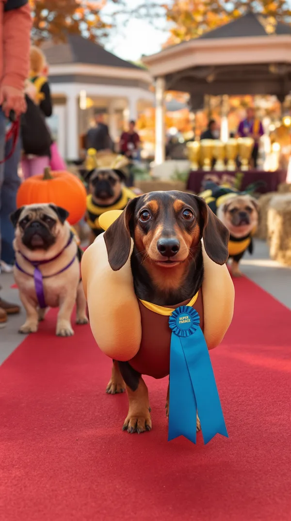 A dachshund in a hot dog bun costume on a red carpet at a pet costume parade, passing a pug dressed as a pumpkin and a bulldog in bee wings.