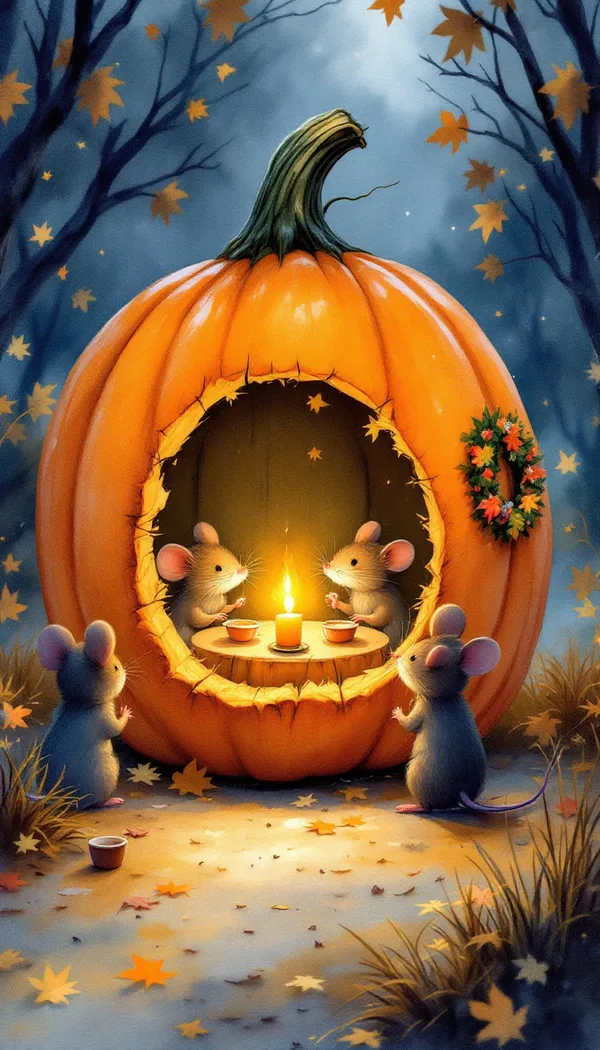 A family of mice having supper inside a carved pumpkin with a little round door and a candlelit window, painted in watercolor.