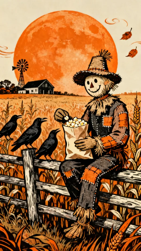 A linocut print of a patched scarecrow on a fence sharing popcorn with three crows under a huge orange harvest moon.
