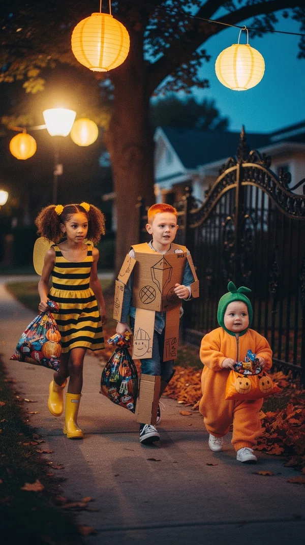 Three trick-or-treaters in bumblebee, cardboard knight and pumpkin costumes hurrying down a lantern-lit street at dusk with pillowcases of candy.