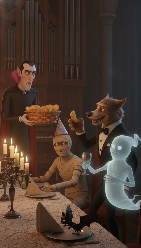 A vampire in a black cape holding garlic bread at arm's length at a candlelit dinner party for a werewolf, a mummy and a ghost.