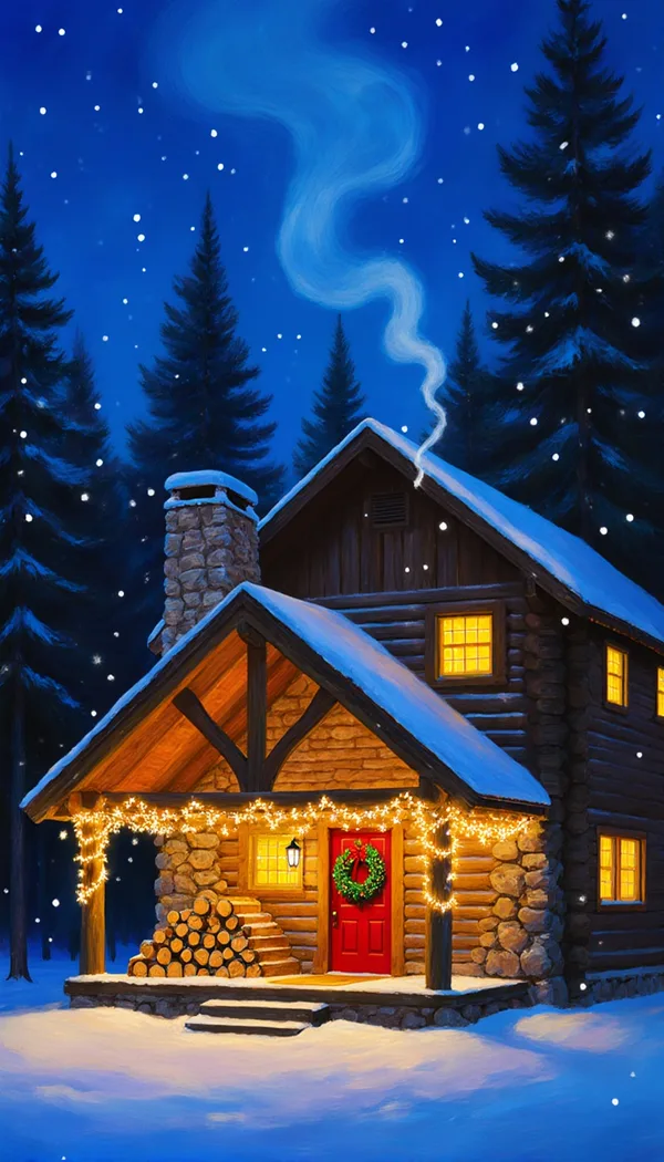A snowy log cabin hung with golden lights, with a wreath on its red door and smoke rising from the chimney at twilight.