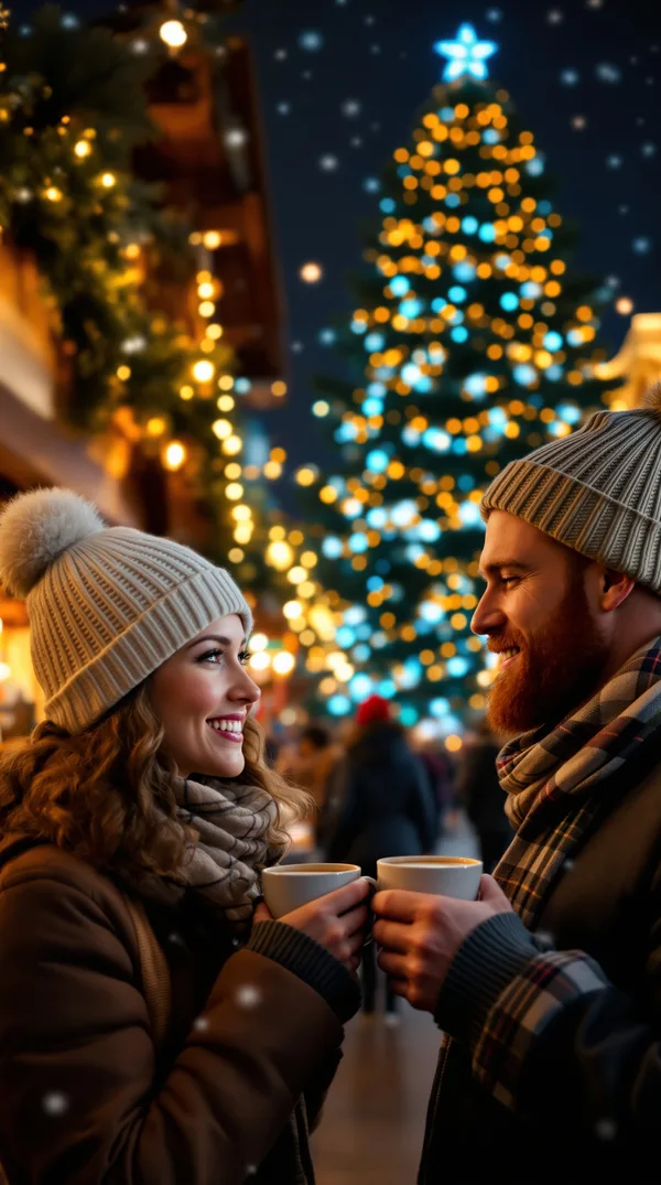 A man in a plaid scarf and a woman in a cream knit hat sharing hot cocoa at a snowy Christmas market lit with string lights.