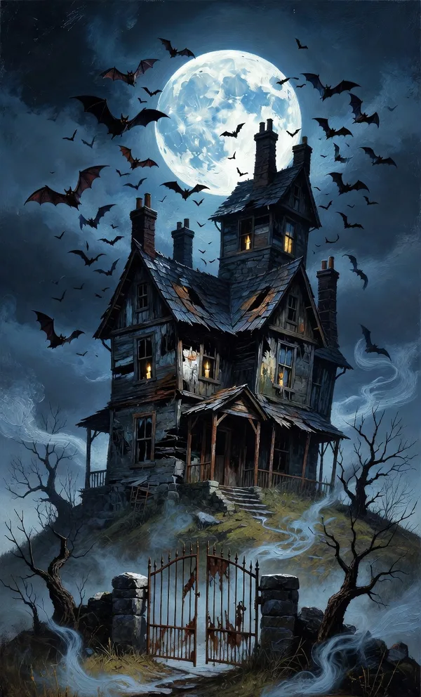A crooked haunted manor on a hill under a full moon, with bare trees, an iron gate, drifting fog and bats.