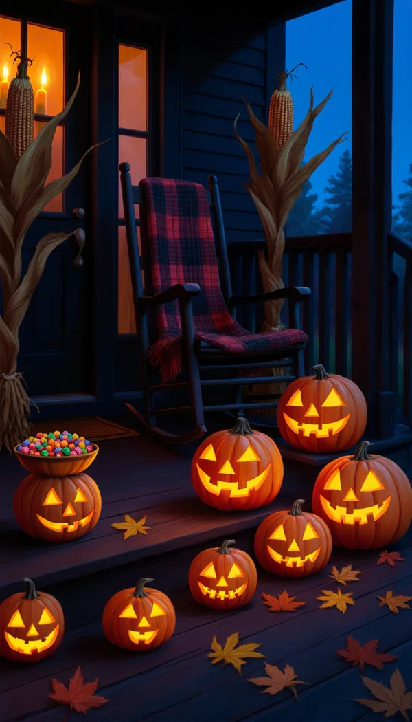 A front porch lined with glowing jack-o'-lanterns, a rocking chair, corn stalks and a bowl of candy at dusk.