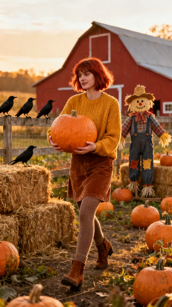 A woman in a mustard sweater carrying a pumpkin through a pumpkin patch at dusk, with hay bales, a scarecrow and a red barn.