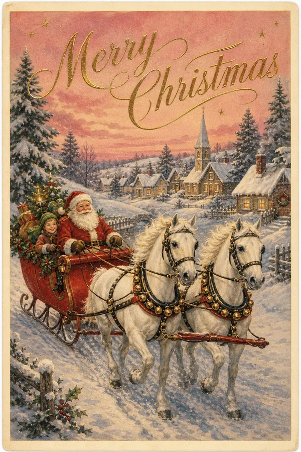 A vintage-style Christmas card of a red sleigh pulled by two white horses through a snowy village, with Merry Christmas in gold script.