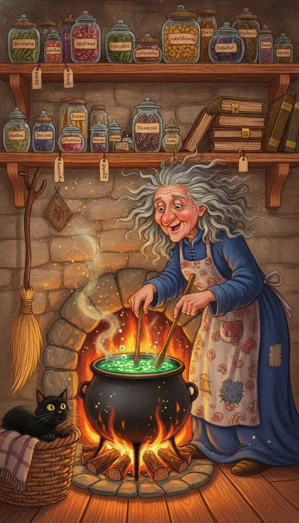 A smiling older witch with wild grey curls stirring a green cauldron in a cottage kitchen with herb jars and a black cat.