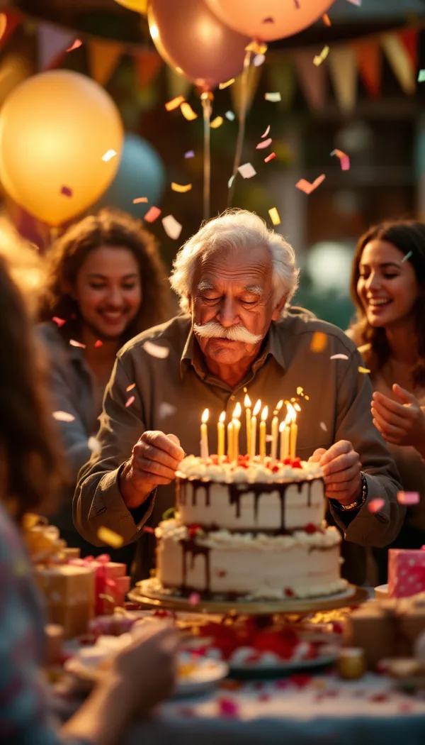 After: A grandpa in his eighties with a white mustache blows out the candles on a three-tier cake, surrounded by balloons, wrapped presents and paper bunting as friends cheer. Warm candid photograph, golden afternoon light, confetti in the air.