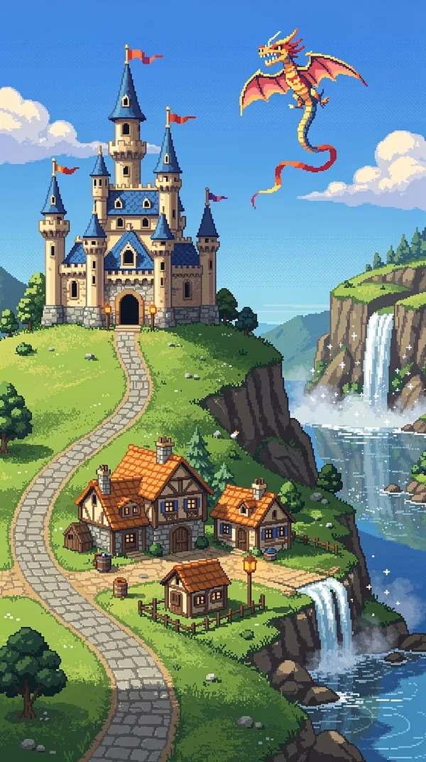 After: A castle with blue turrets on a grassy hill above a sleepy village, with a winding road and a waterfall. 16-bit pixel art, bright morning light, a dragon-shaped kite flying over the towers.