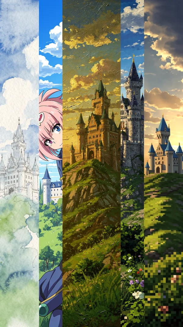 Before: A castle on a hill, watercolor, anime, oil painting, 3D, pixel art, photo.