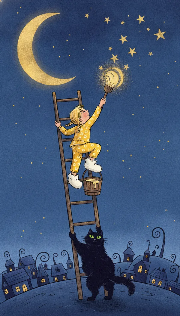 A little girl in yellow pajamas on a tall ladder painting golden stars onto the night sky above a sleeping town.