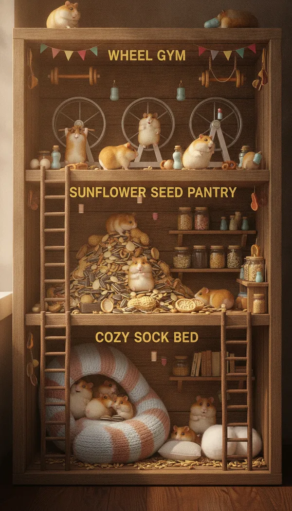 A cutaway of a three-story hamster home in a wooden crate with a wheel gym, a seed pantry and a sock bed.