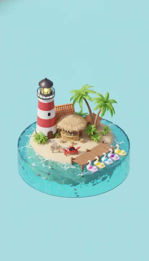 A tiny 3D island resort with a striped lighthouse, a beach bar, palm trees and a crab renting pedal boats from a little pier.