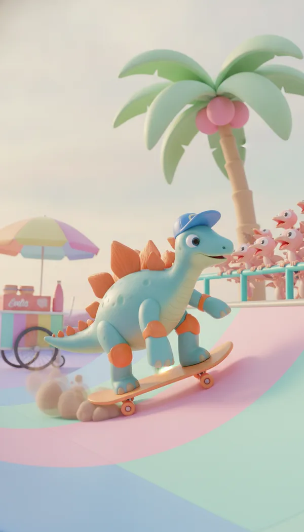 A stegosaurus in a backwards cap and knee pads skateboarding down a pastel half-pipe as baby pterodactyls cheer.