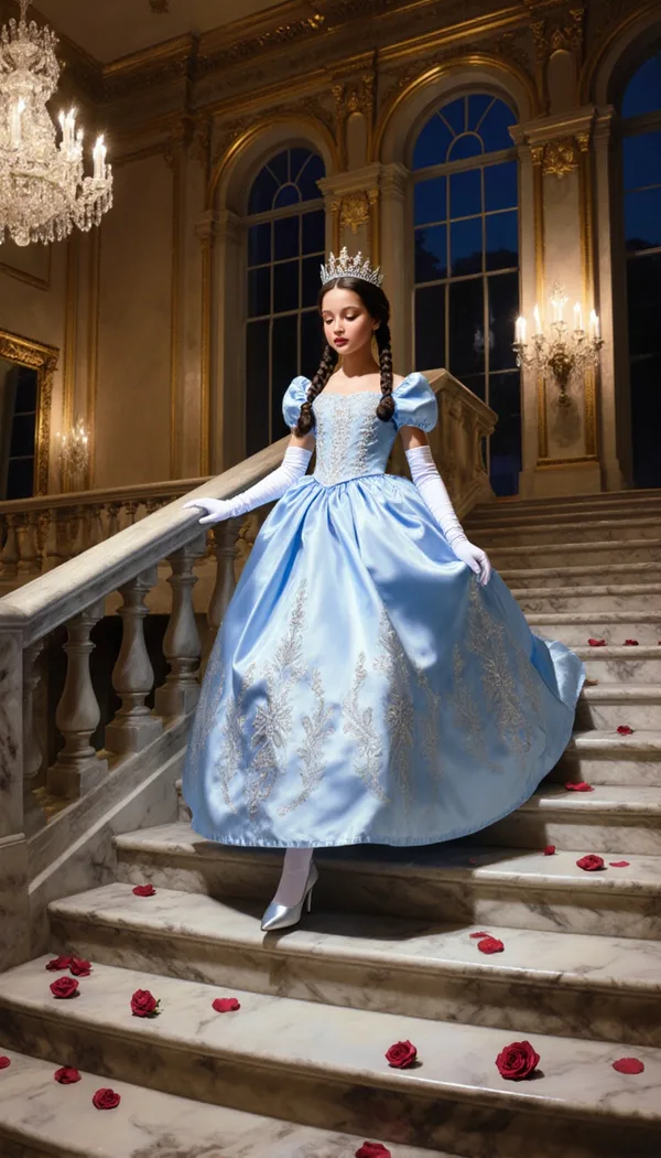 A princess with braids pinned in a crown descending a marble staircase in a sky-blue ball gown under crystal chandeliers.