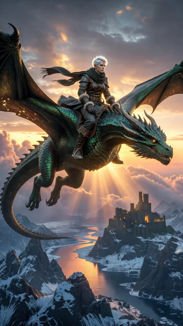 A rider with a platinum pixie cut on a huge emerald dragon flying over snowy peaks at sunrise.